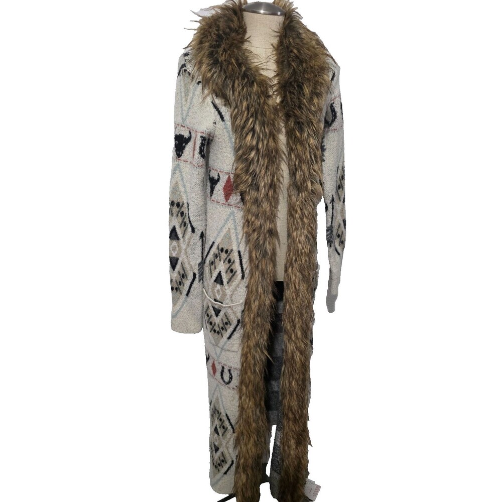 Show Me Your Mumu Babushka Long Fur Open Cardigan Sweater Southwest Pattern XS